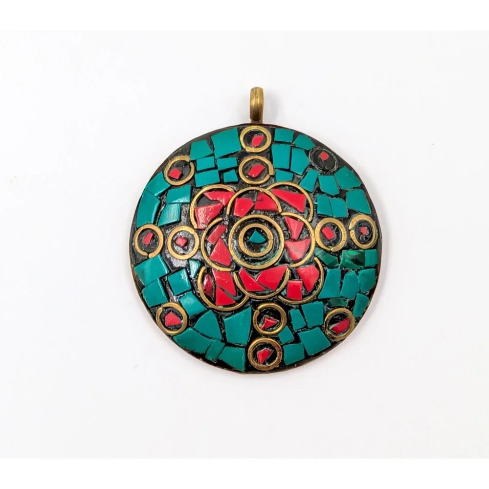 Vintage‎ Tibetan Dome Medallion Pendant Brass Red Blue Inlay Mosaic Statement